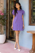 Purple Striped Pure Cotton Puff-Sleeve Shirt Dress