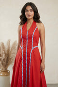 Red Halter Lightweight Cotton Poplin Maxi Dress