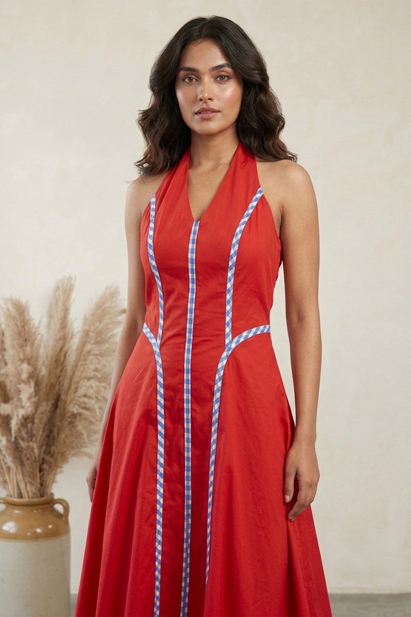 Red Halter Lightweight Cotton Poplin Maxi Dress