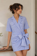 Blue Pinstripe Pure Cotton Poplin Bow Mini Dress