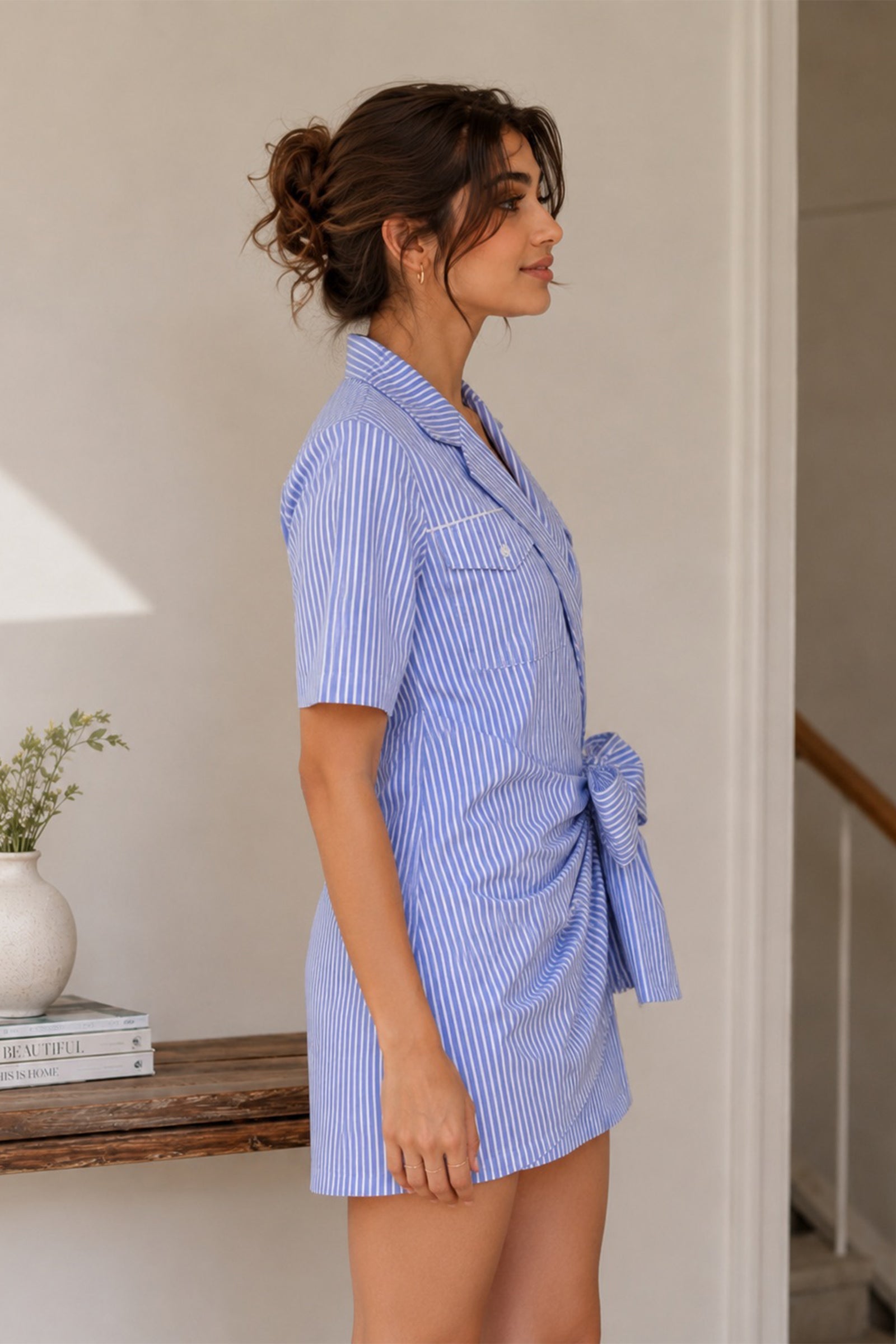 Blue Pinstripe Pure Cotton Poplin Bow Mini Dress