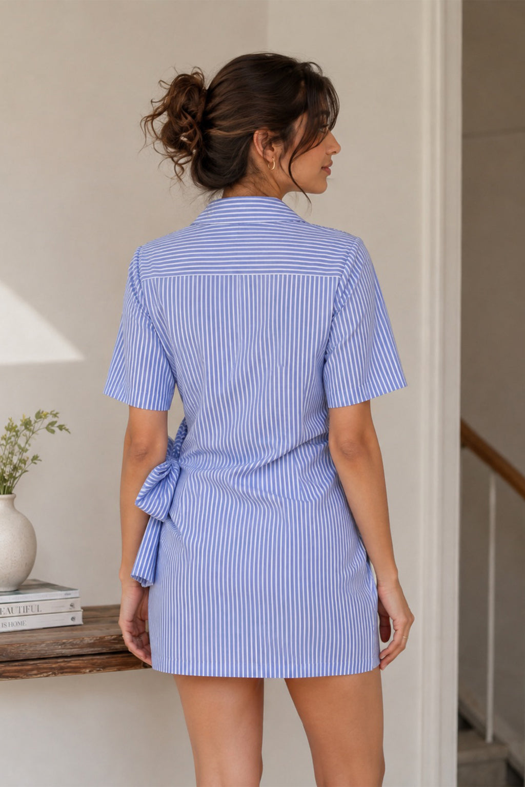 Blue Pinstripe Pure Cotton Poplin Bow Mini Dress