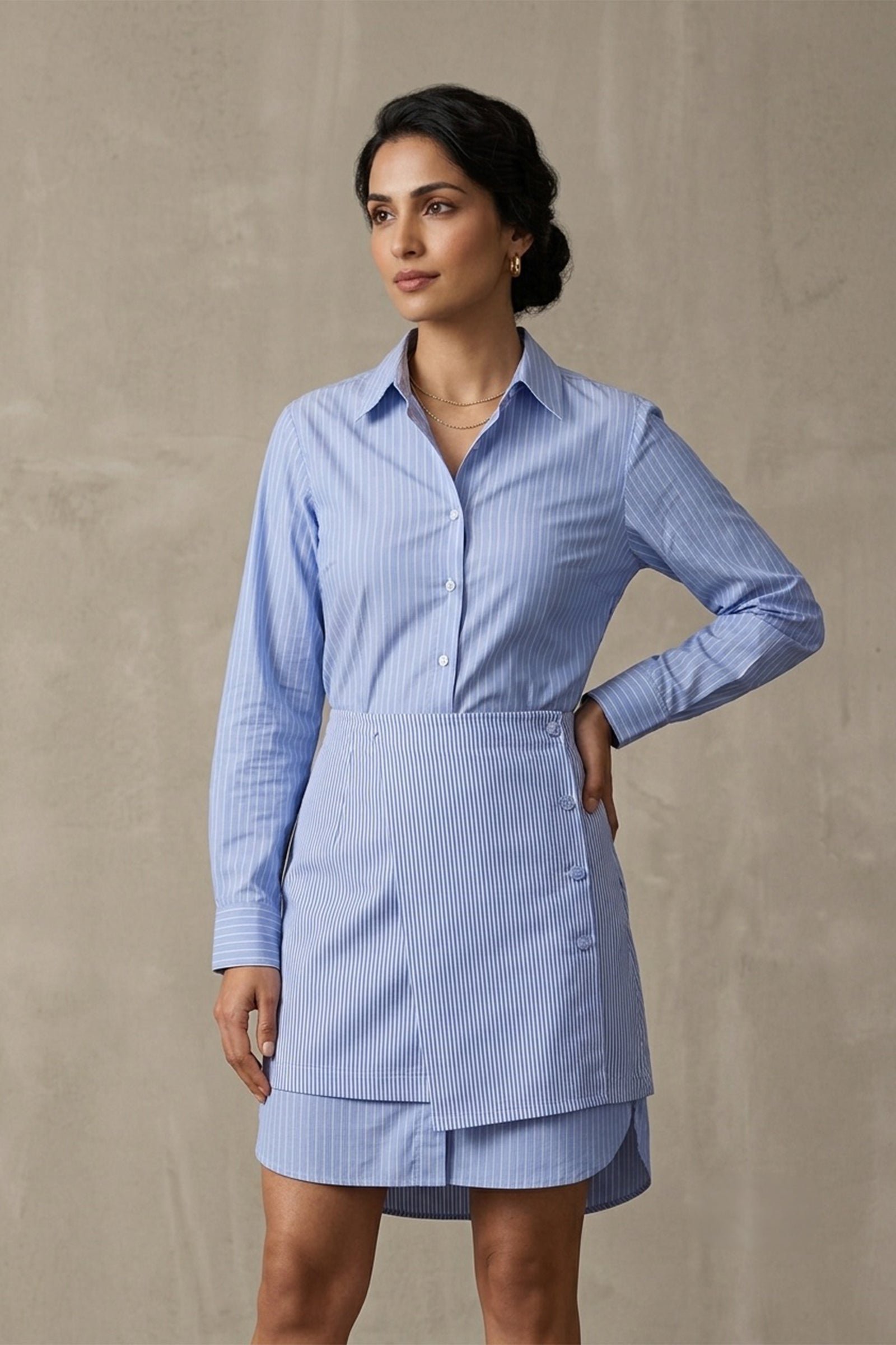 Blue Stripe Pure Cotton Poplin Shirt & Wrap Skirt Co-ord Set