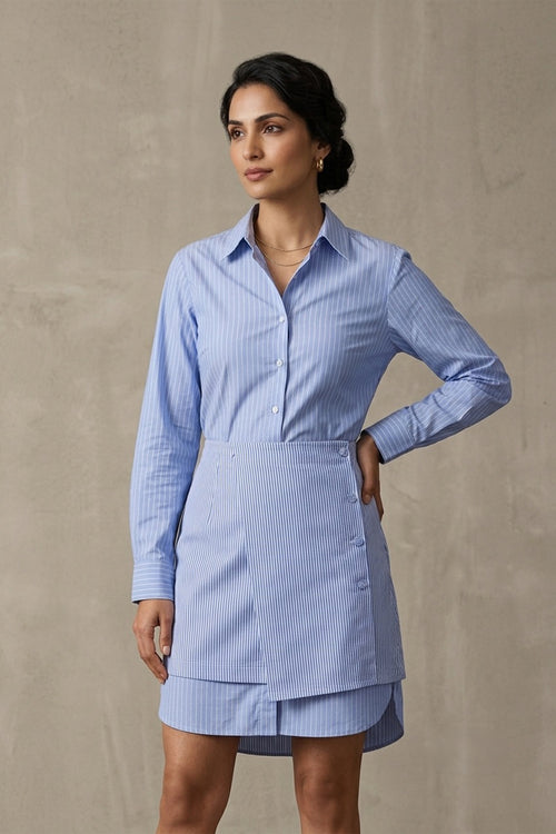 Blue Stripe Pure Cotton Poplin Shirt & Wrap Skirt Co-ord Set
