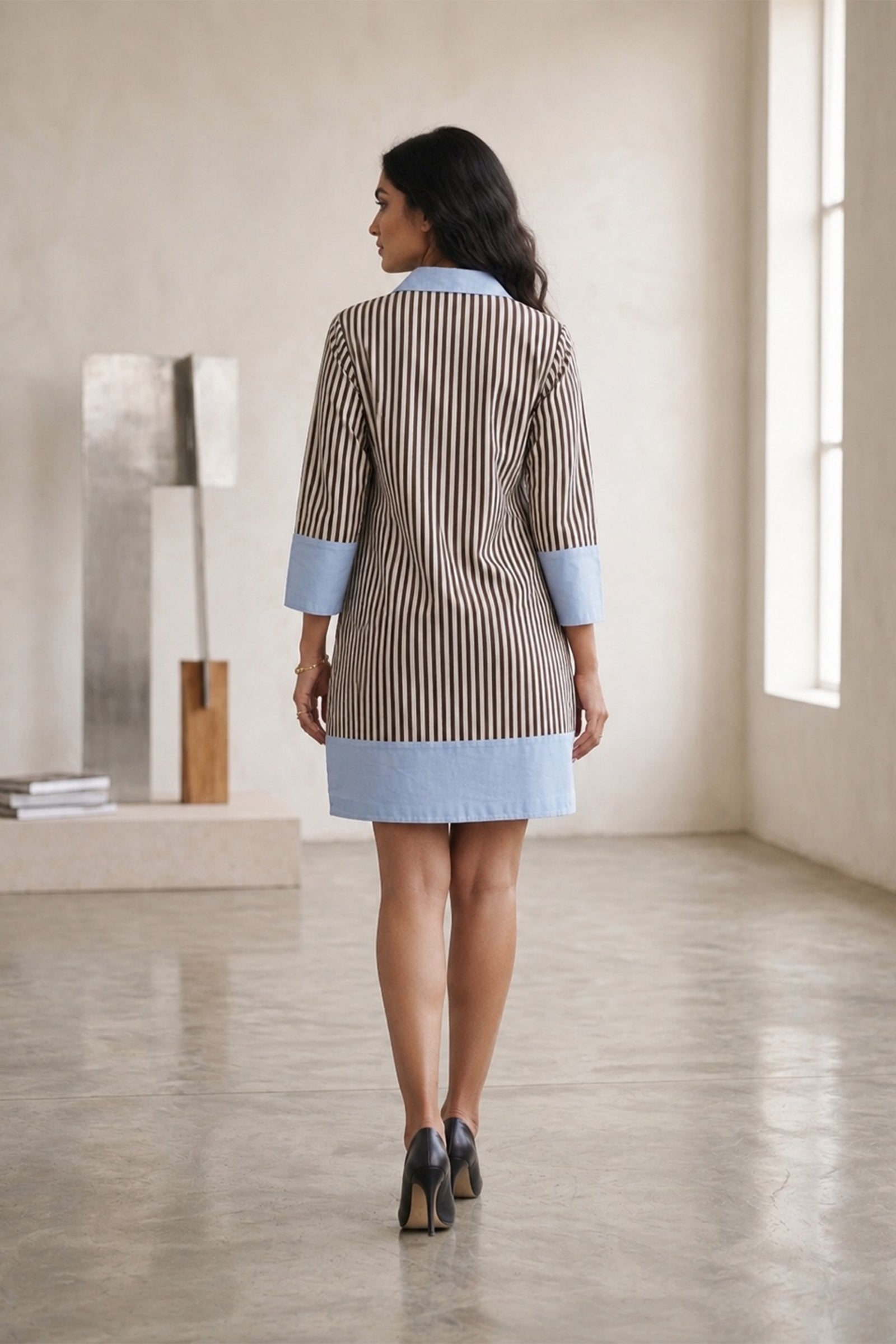 Black Stripe Pure Cotton Poplin Color-Block Shirt Dress