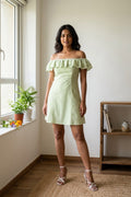 Lime Green Striped Pure Cotton Off-Shoulder Mini Dress