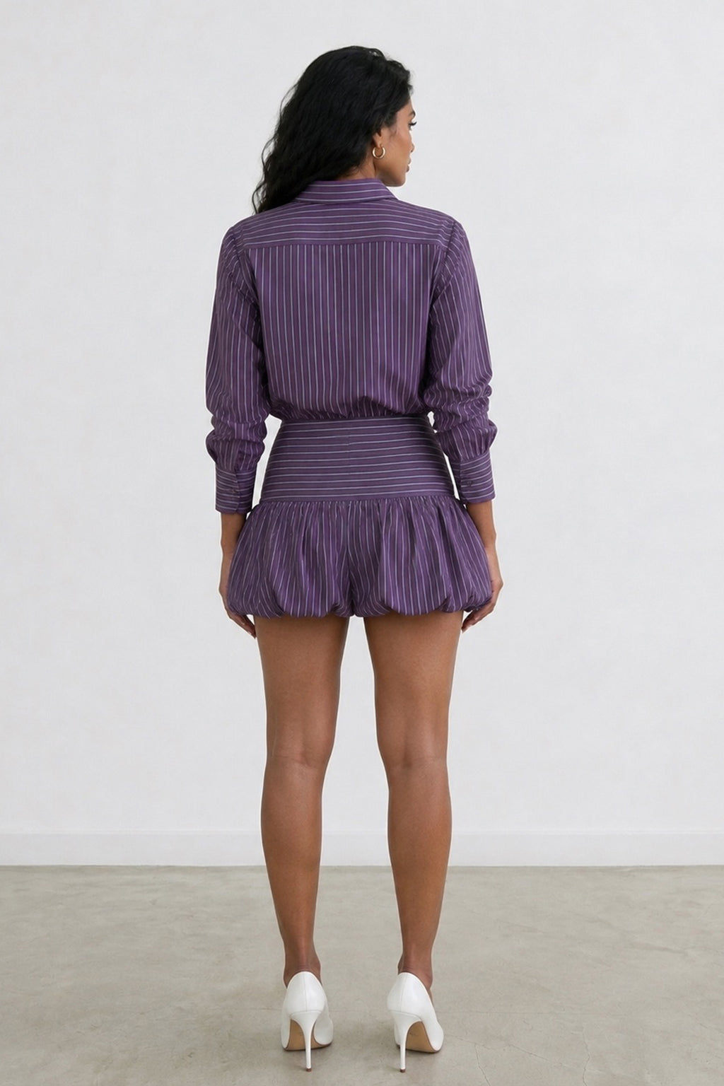 Purple Pinstripe Cotton Shirt & Balloon Skirt Co-ord Set