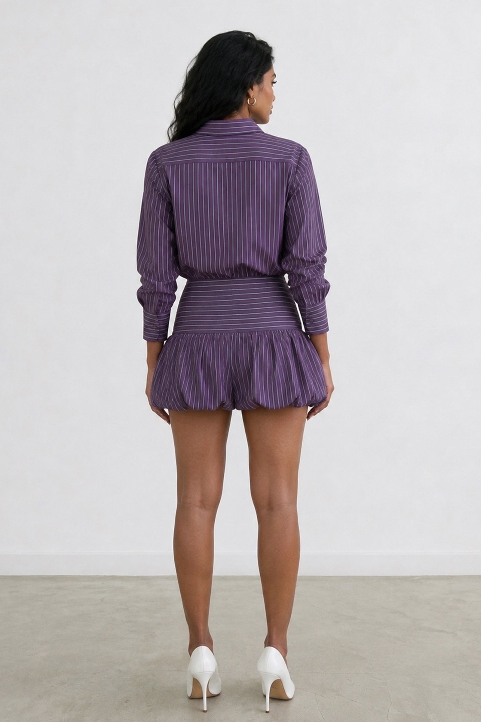 Purple Pinstripe Cotton Shirt & Balloon Skirt Co-ord Set