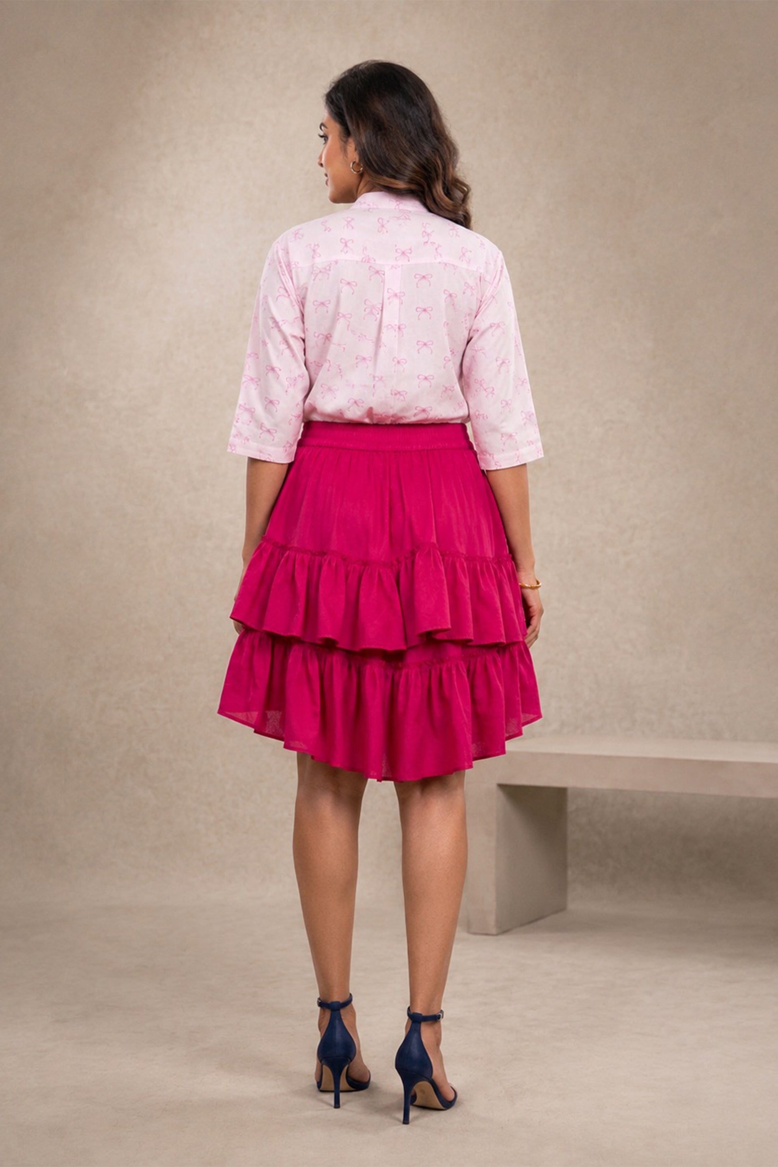 Pink Bow-Print Cotton Shirt & Poplin Ruffle Skirt Co-ord Set