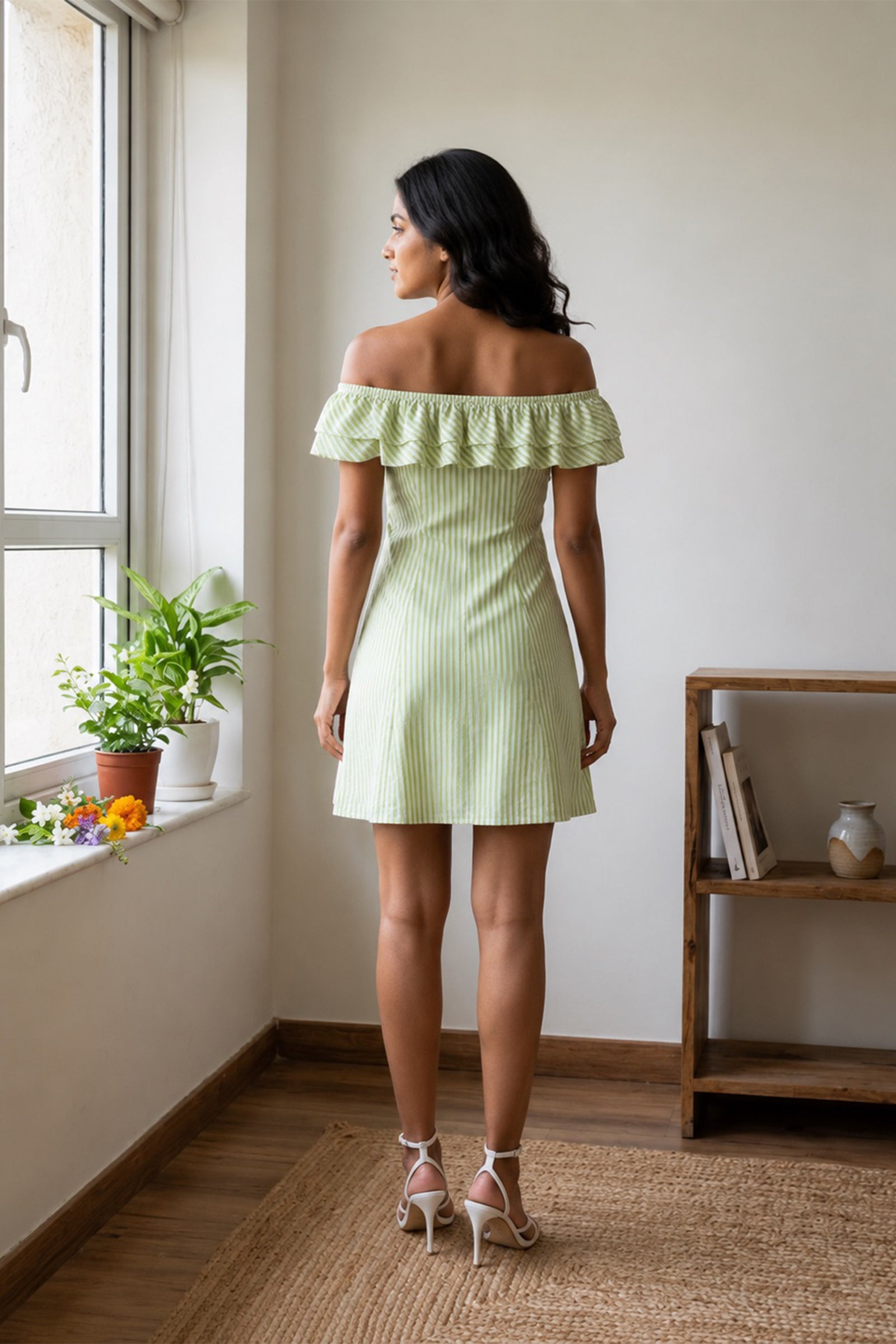 Lime Green Striped Pure Cotton Off-Shoulder Mini Dress