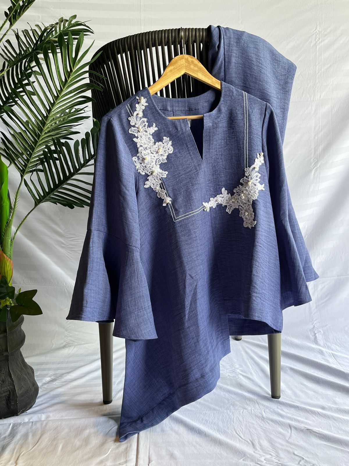 Indigo Asymmetric Linen Coord Set with Lace Embroidery