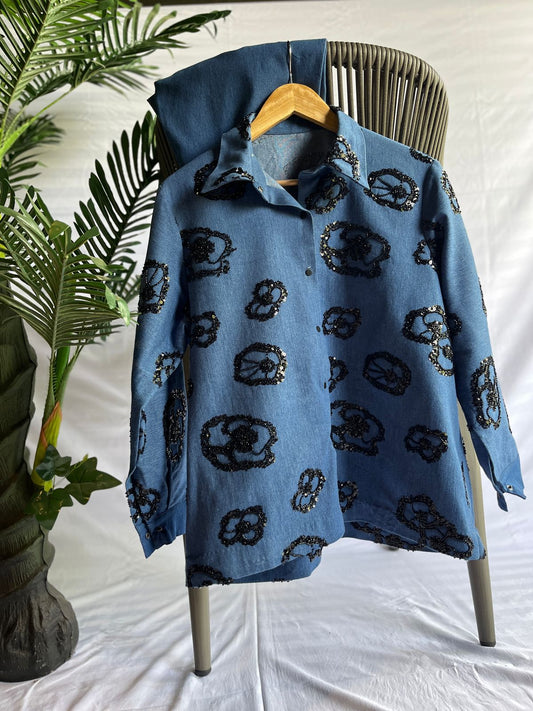 Denim Blue Sequin Embellished Linen Coord Set
