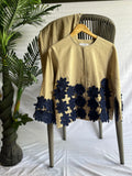 Beige & Navy Floral Embroidered Linen Coord Set