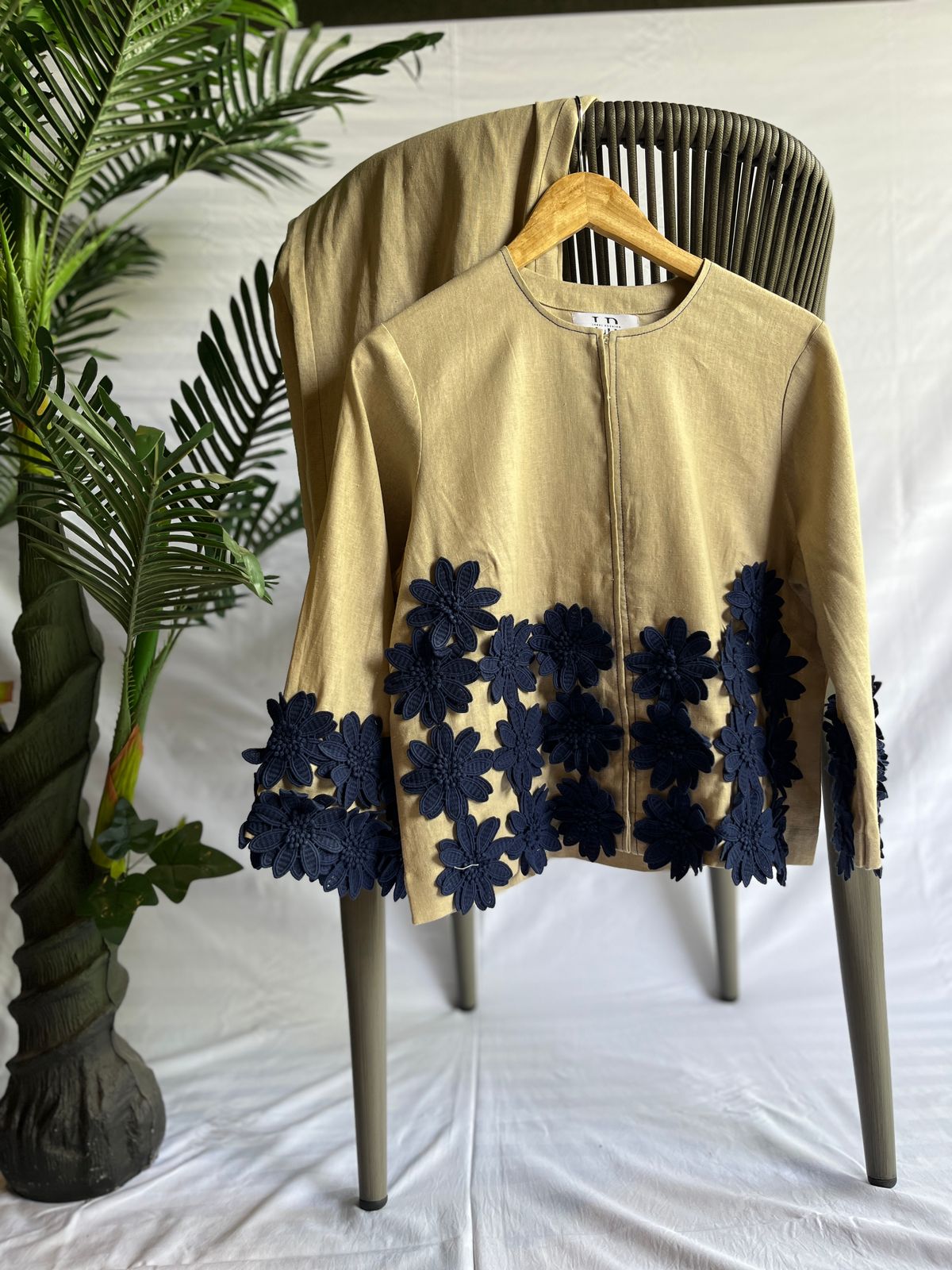 Beige & Navy Floral Embroidered Linen Coord Set