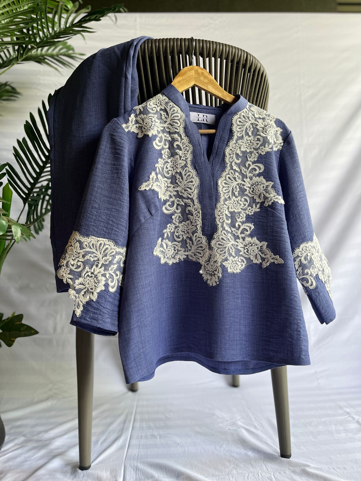 Royal Blue Tunic with Intricate Cream Embroidery