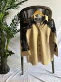 Elegant Beige Button-Up Shirt with Black Lace Detailing