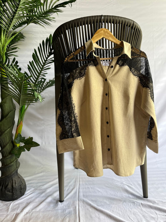 Elegant Beige Button-Up Shirt with Black Lace Detailing