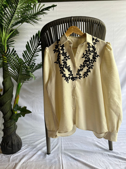 Cream Button-Up Shirt with Black Floral Embroidery