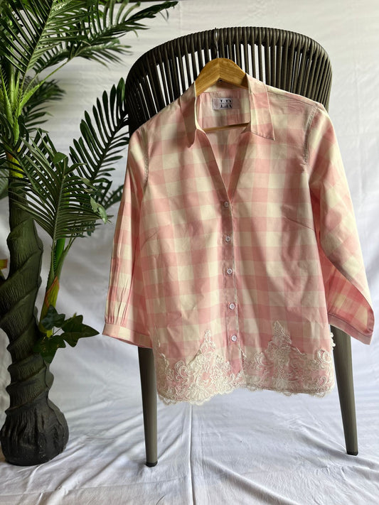 Pink Gingham Button-Up Shirt with Embroidered Lace Hem
