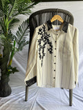 Cream Pinstripe Shirt with Black Embroidered Floral Detailing