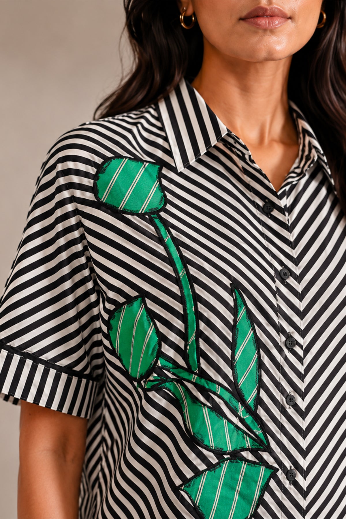 Black & White Striped Green Patchwork Cotton Poplin Co-ord Set