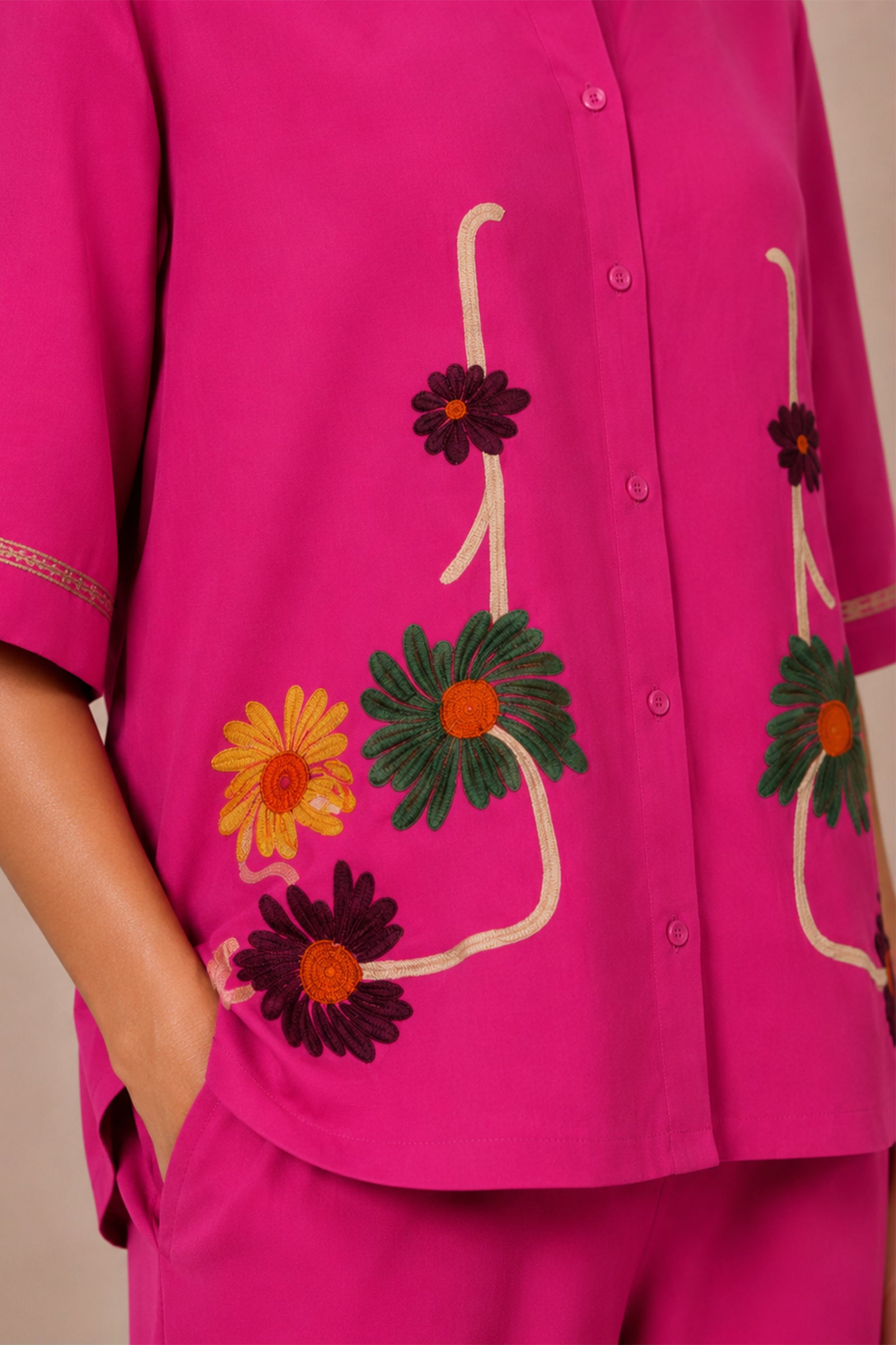 Fuchsia Floral-Embroidered Cotton Poplin Co-ord Set