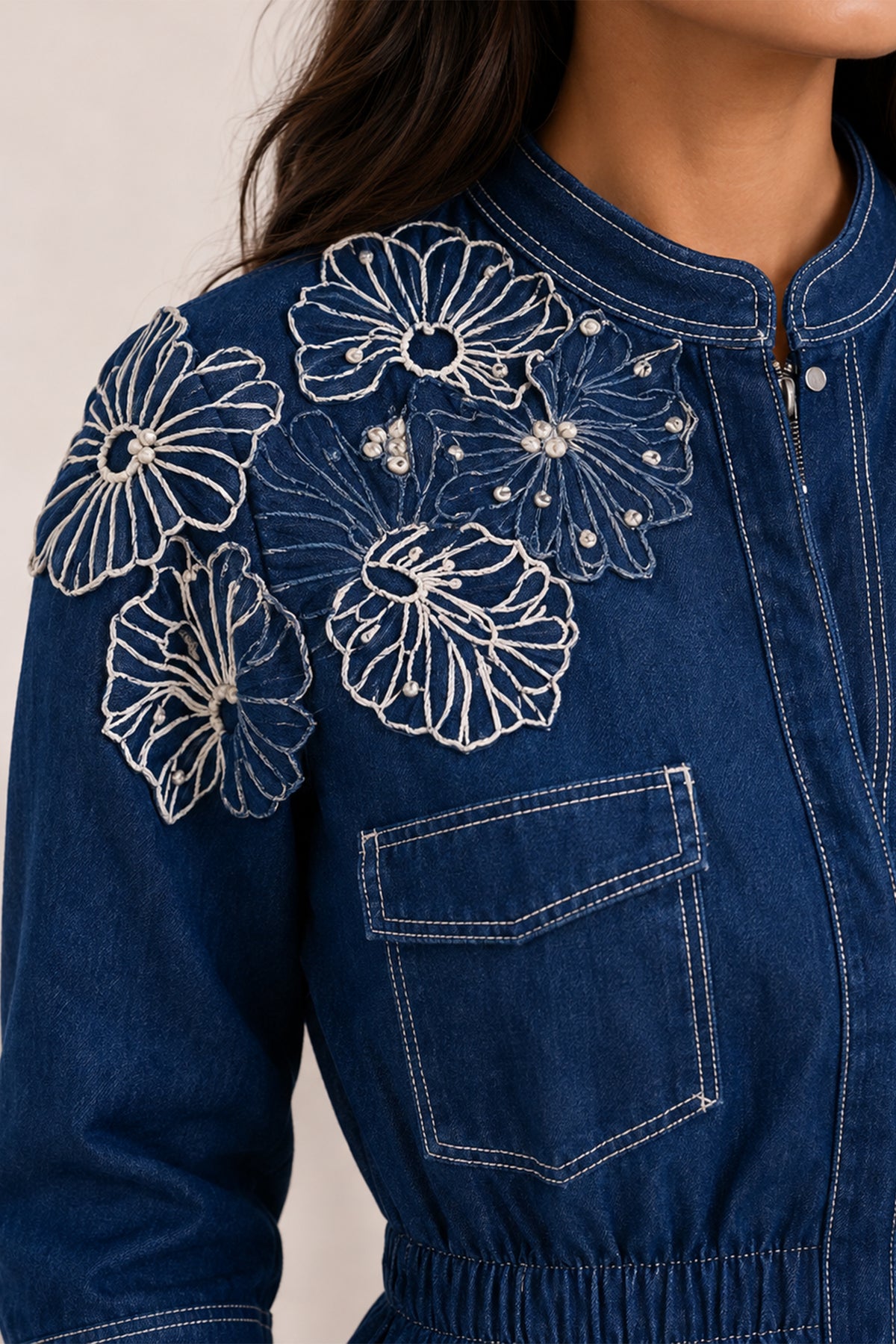 Indigo Pearl-Embroidered Lightweight Cotton Denim Co-ord Set