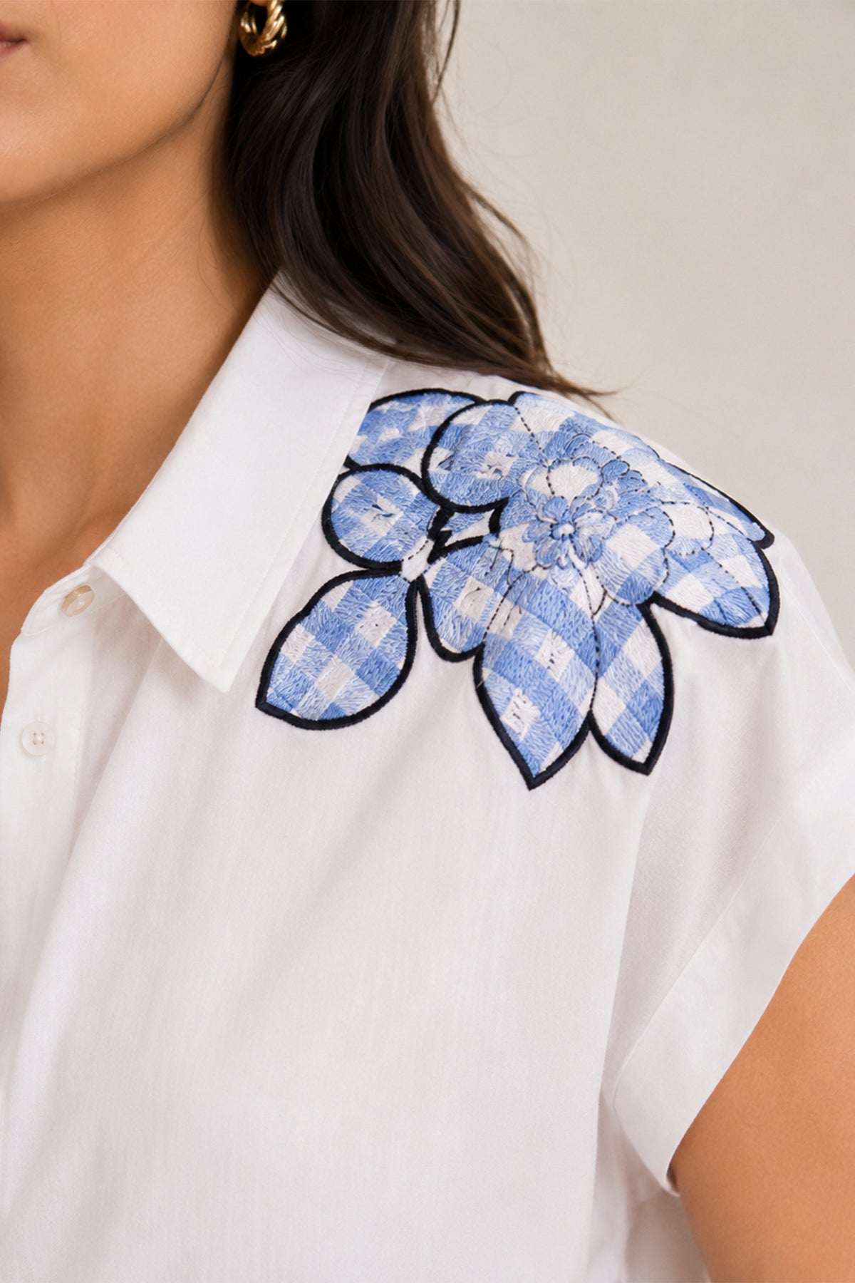 White & Blue Gingham Floral Patchwork Cotton Poplin Co-ord Set