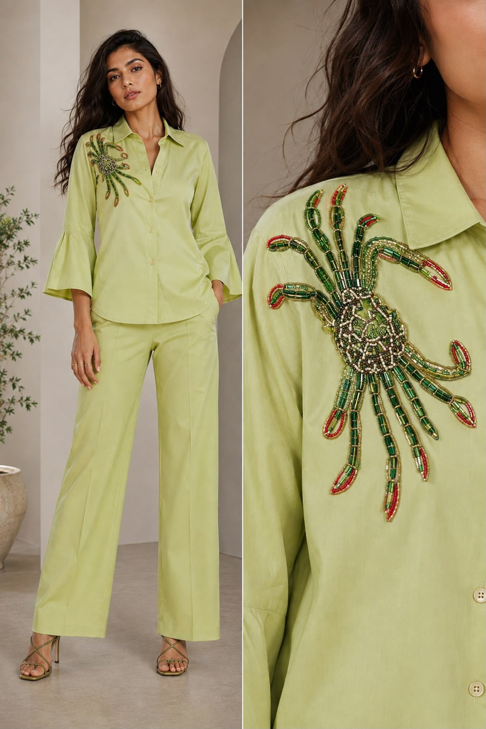 Lime Green Hand-Embroidered Cotton Poplin Shirt & Trouser Co-ord Set