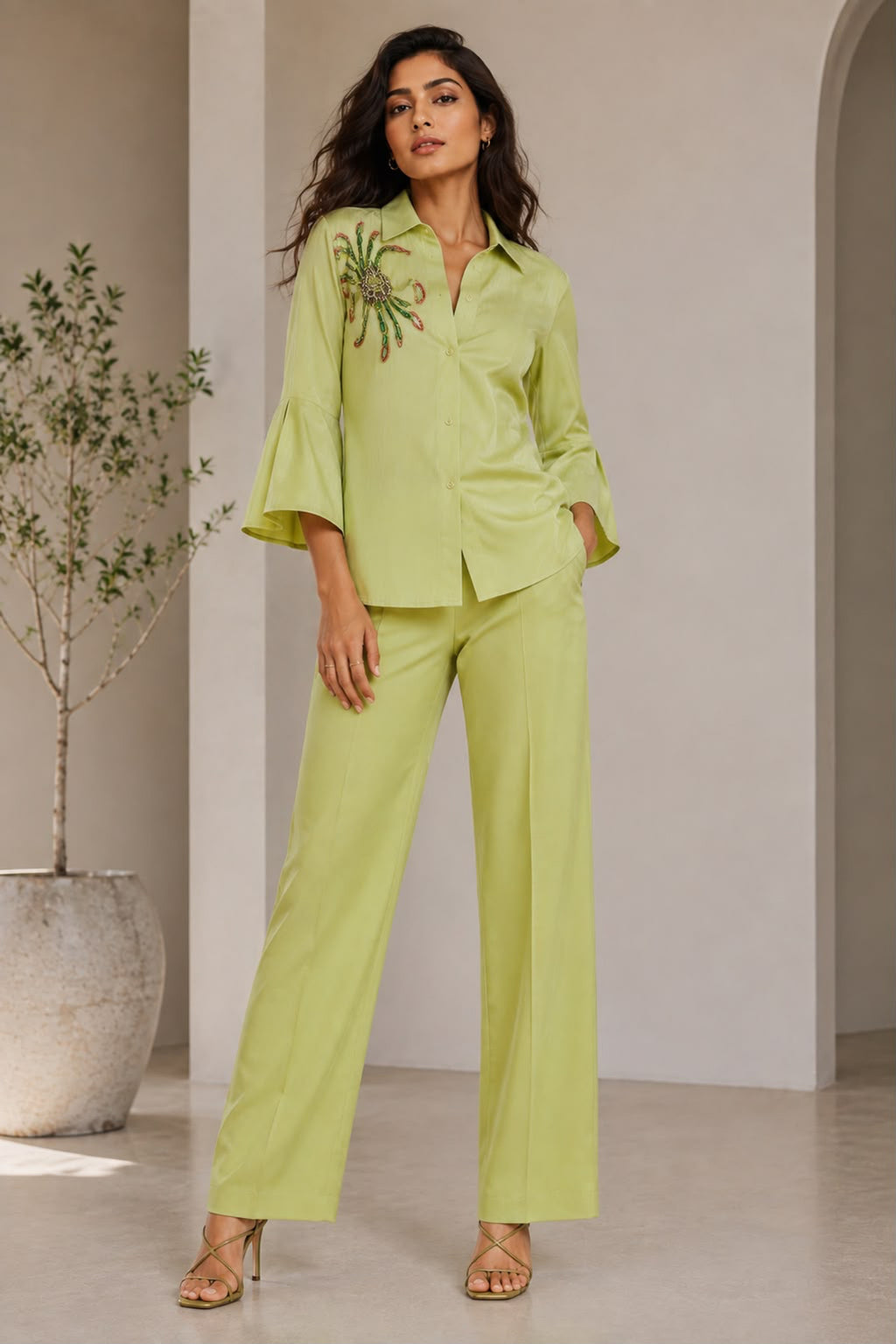 Lime Green Hand-Embroidered Cotton Poplin Shirt & Trouser Co-ord Set