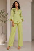Lime Green Hand-Embroidered Cotton Poplin Shirt & Trouser Co-ord Set