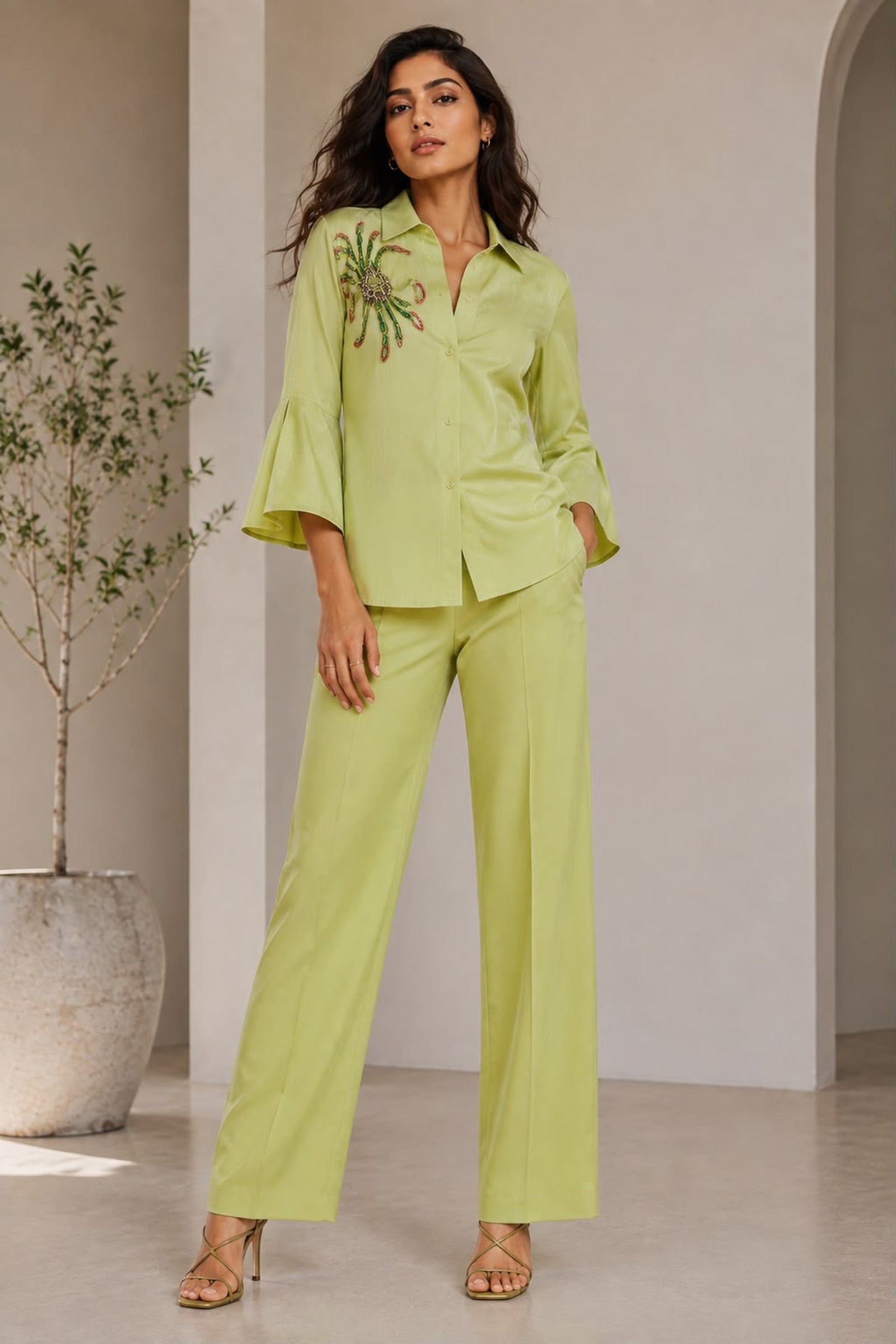 Lime Green Hand-Embroidered Cotton Poplin Shirt & Trouser Co-ord Set