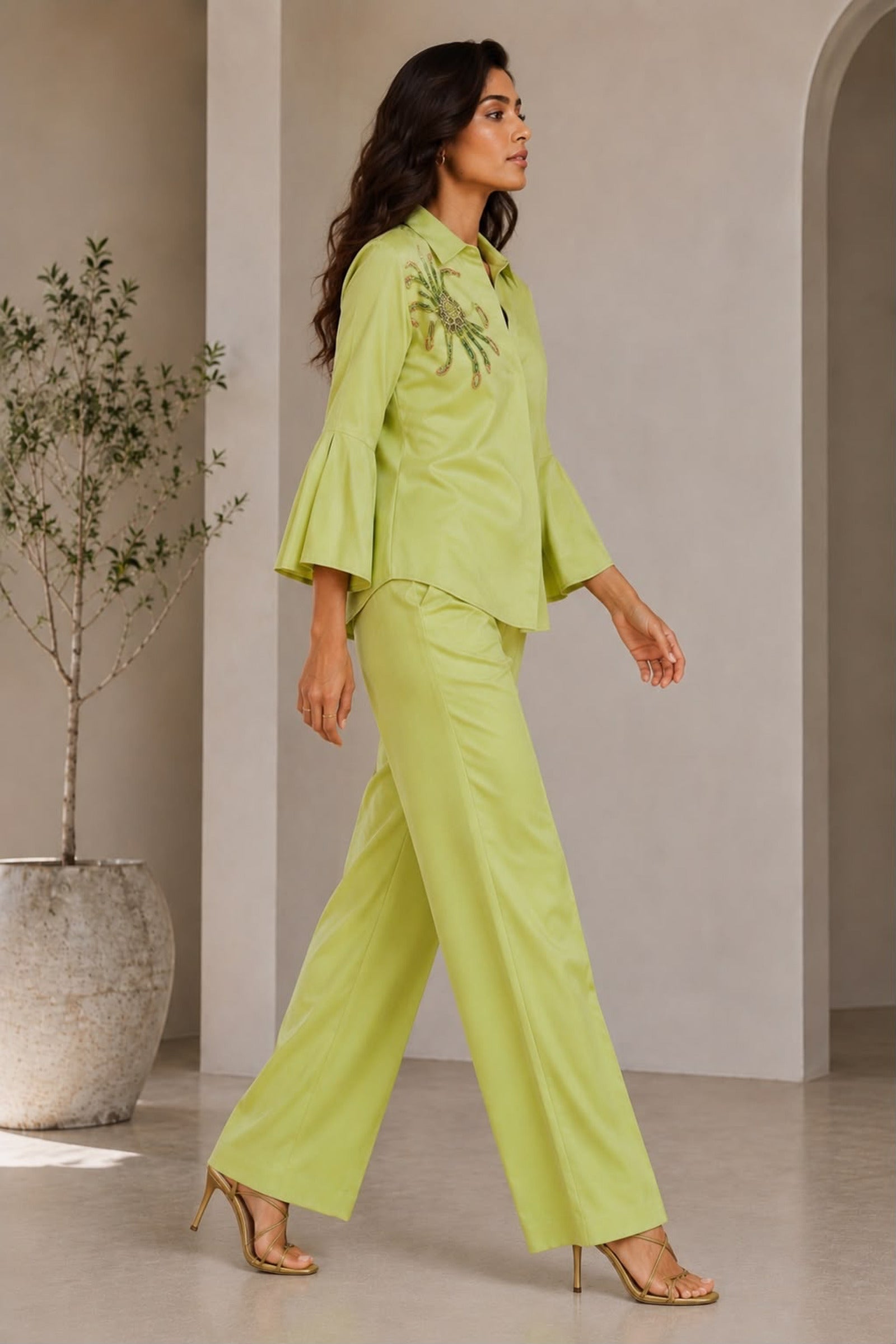 Lime Green Hand-Embroidered Cotton Poplin Shirt & Trouser Co-ord Set