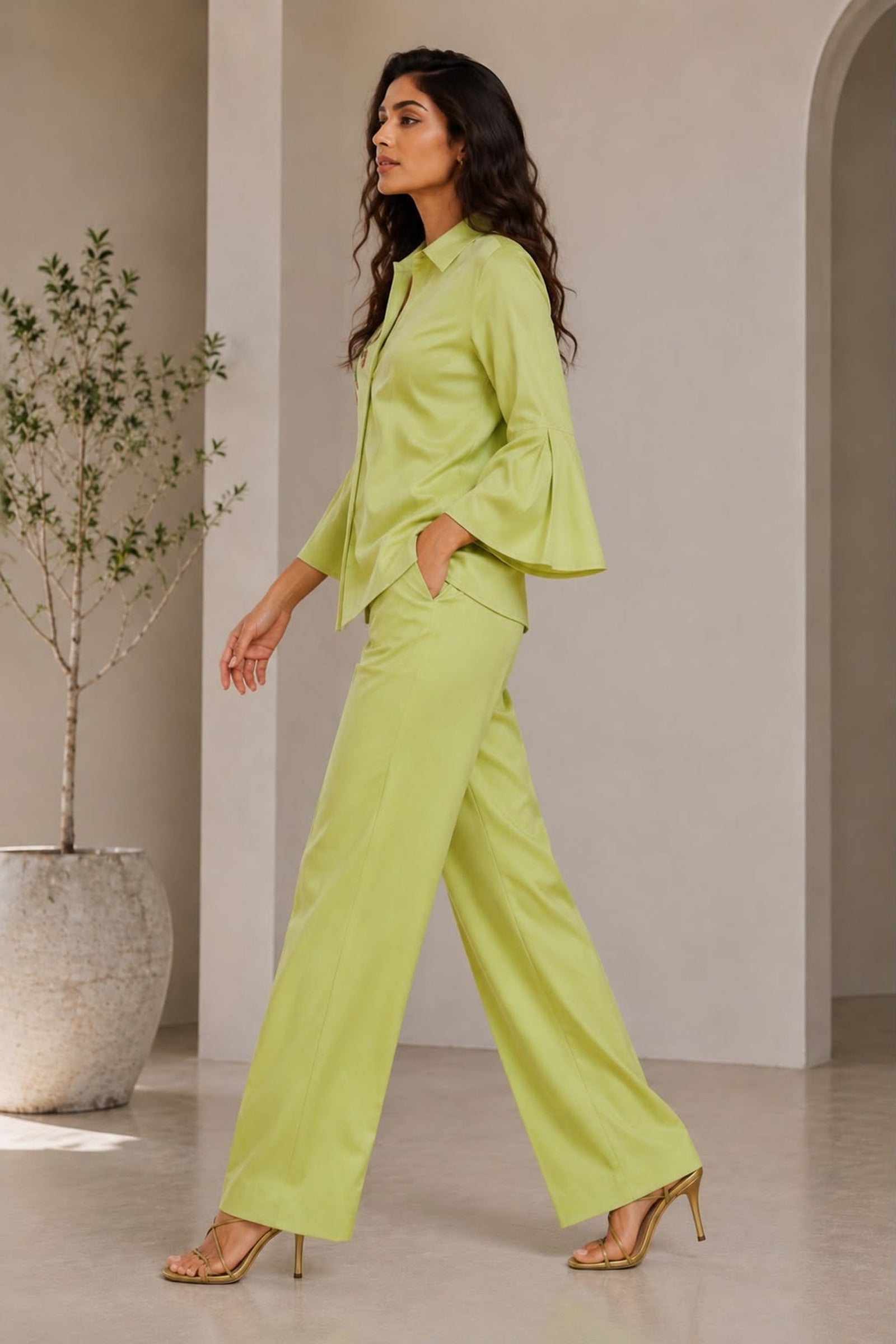 Lime Green Hand-Embroidered Cotton Poplin Shirt & Trouser Co-ord Set