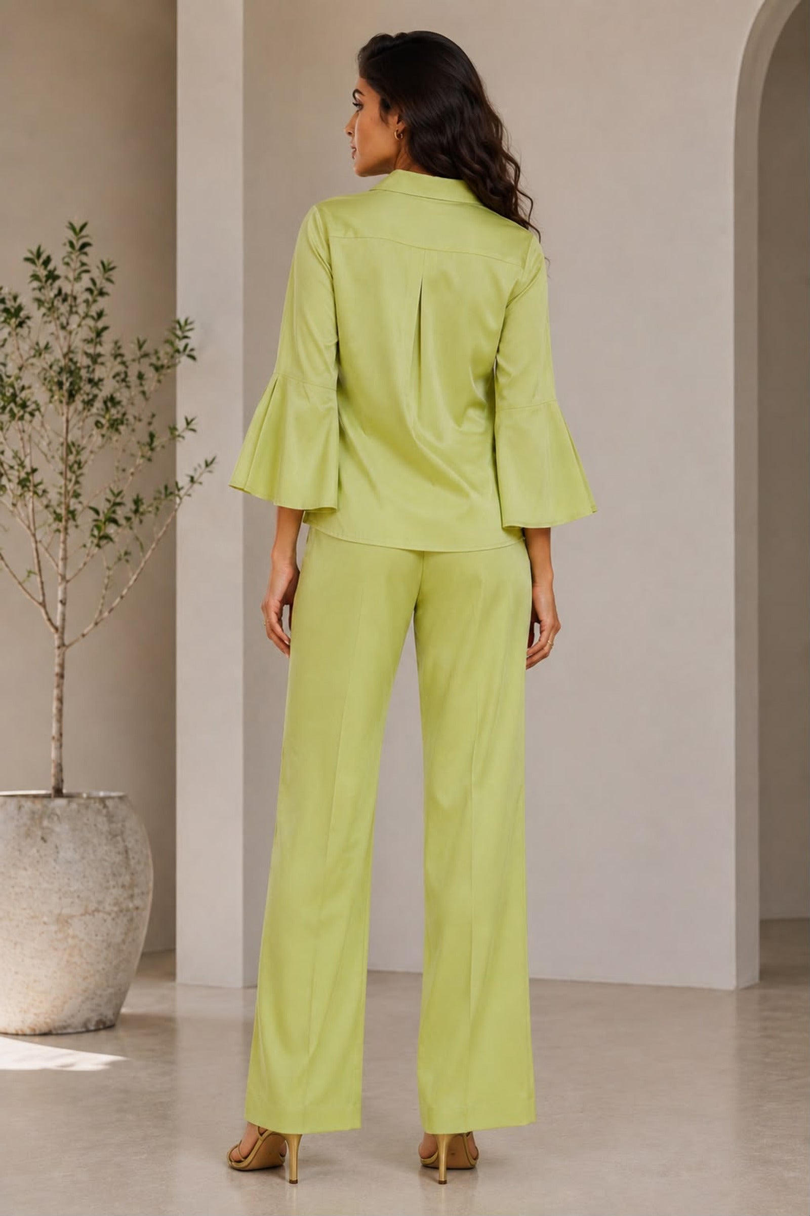 Lime Green Hand-Embroidered Cotton Poplin Shirt & Trouser Co-ord Set