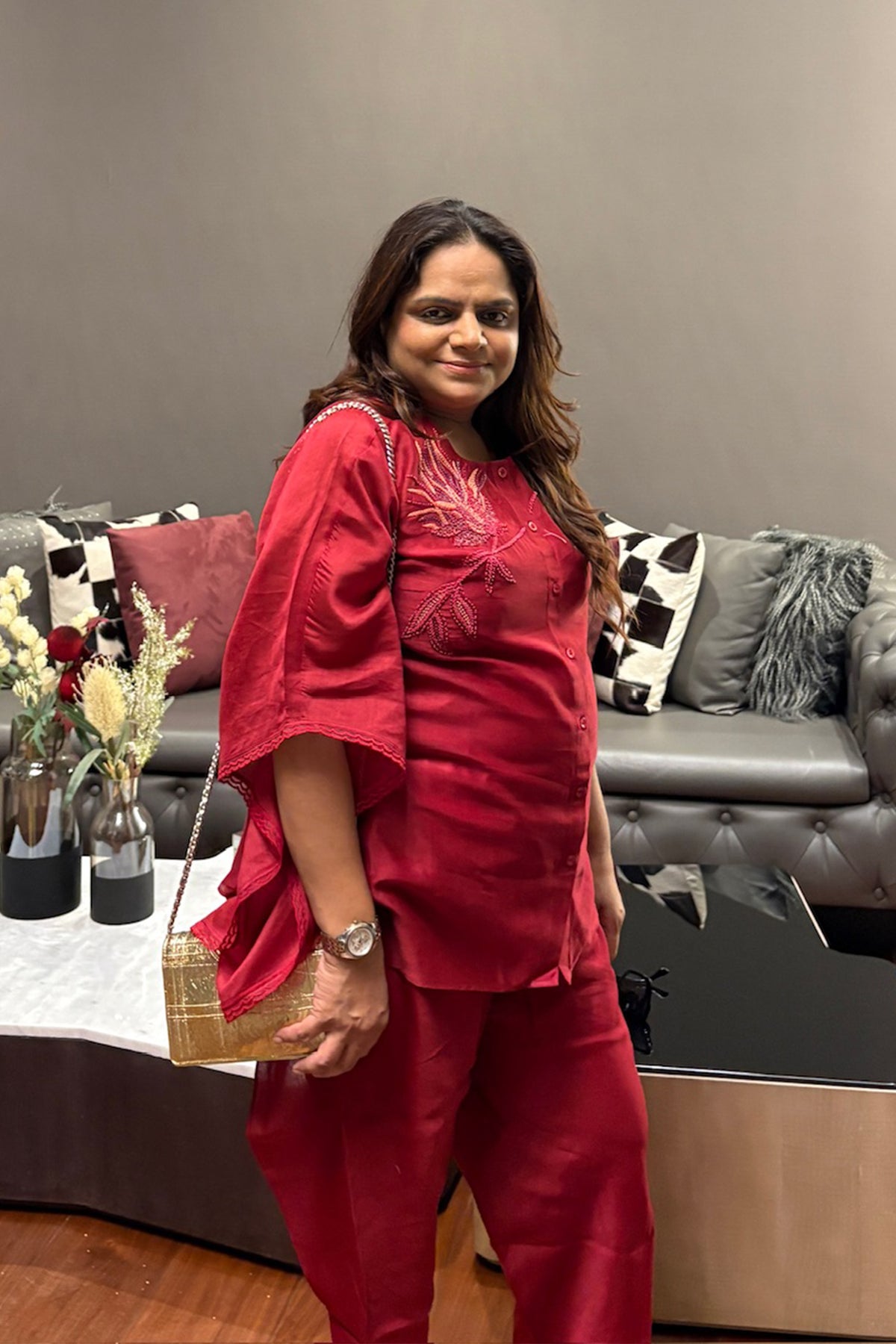 Red Embroidered Organza Co-Ord Set