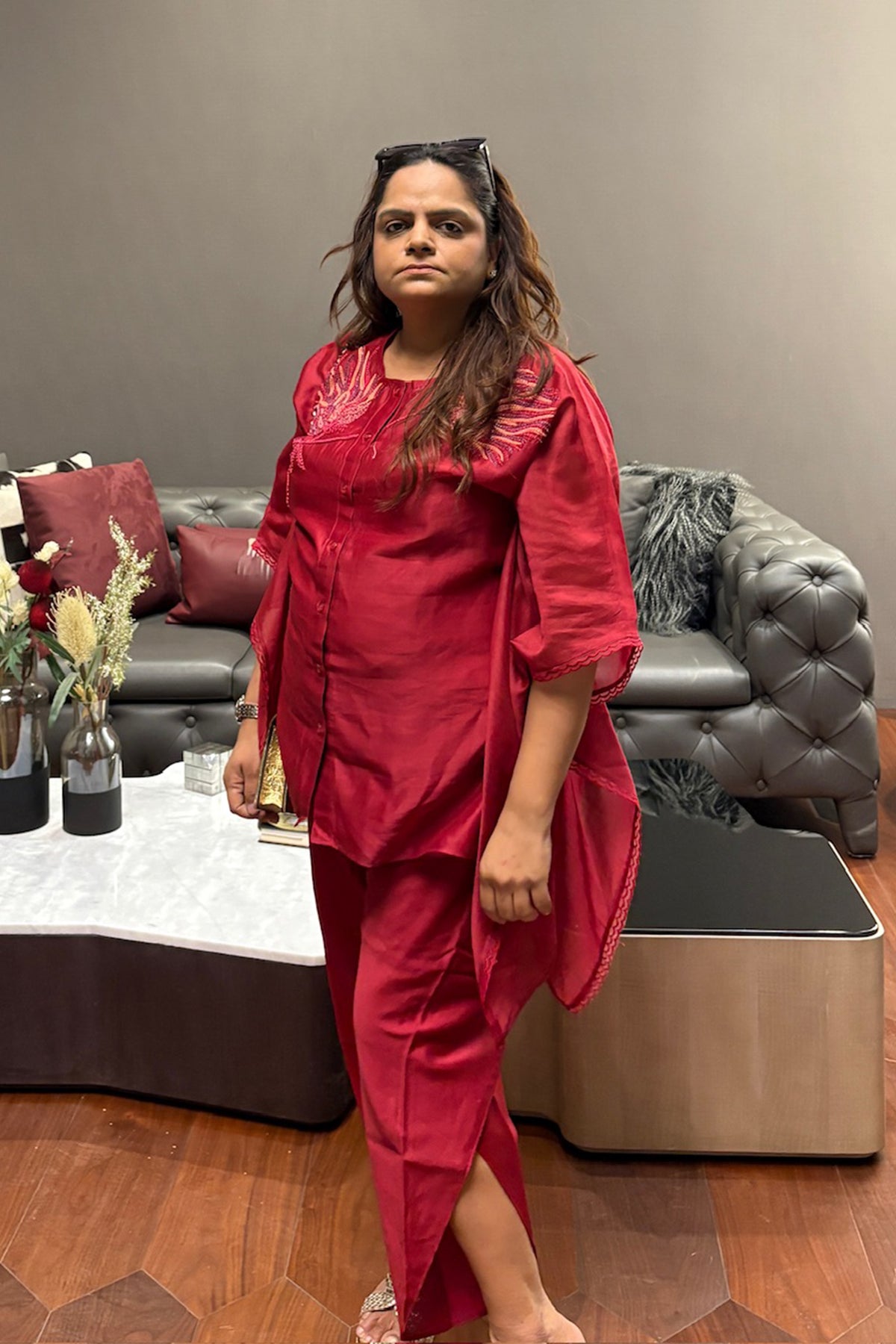 Red Embroidered Organza Co-Ord Set