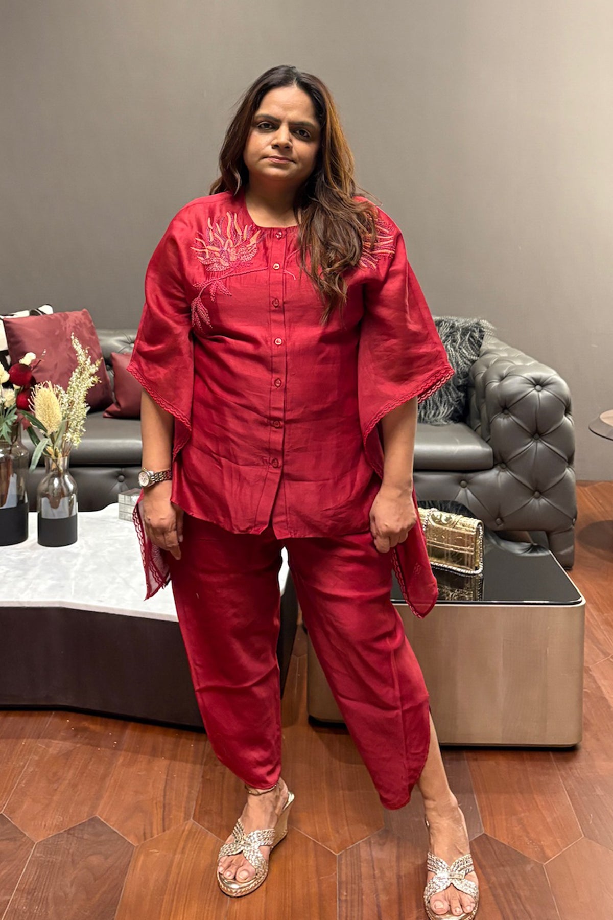Red Embroidered Organza Co-Ord Set