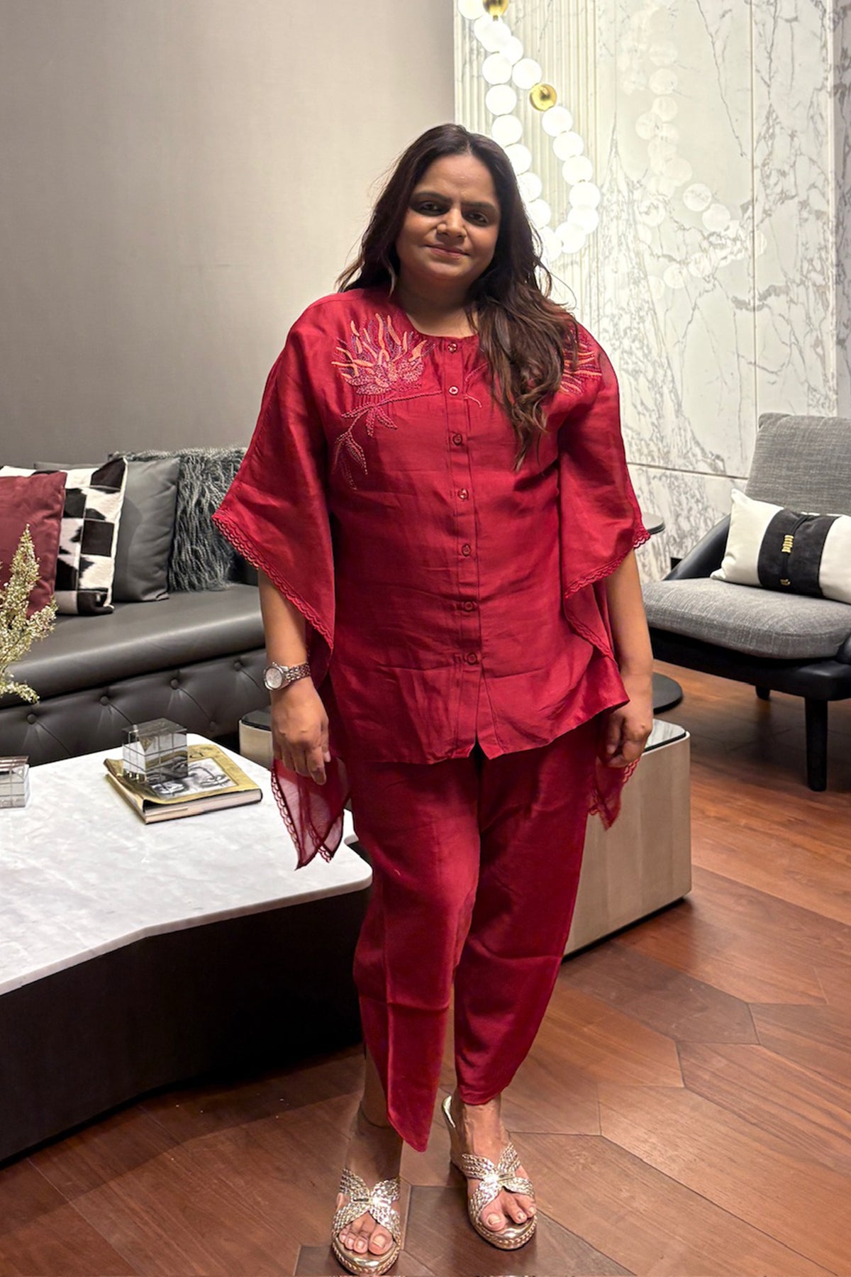 Red Embroidered Organza Co-Ord Set