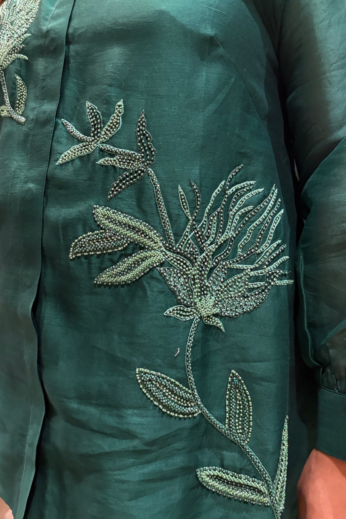 Teal Leaf Embroidered Organza Co-Ord Set