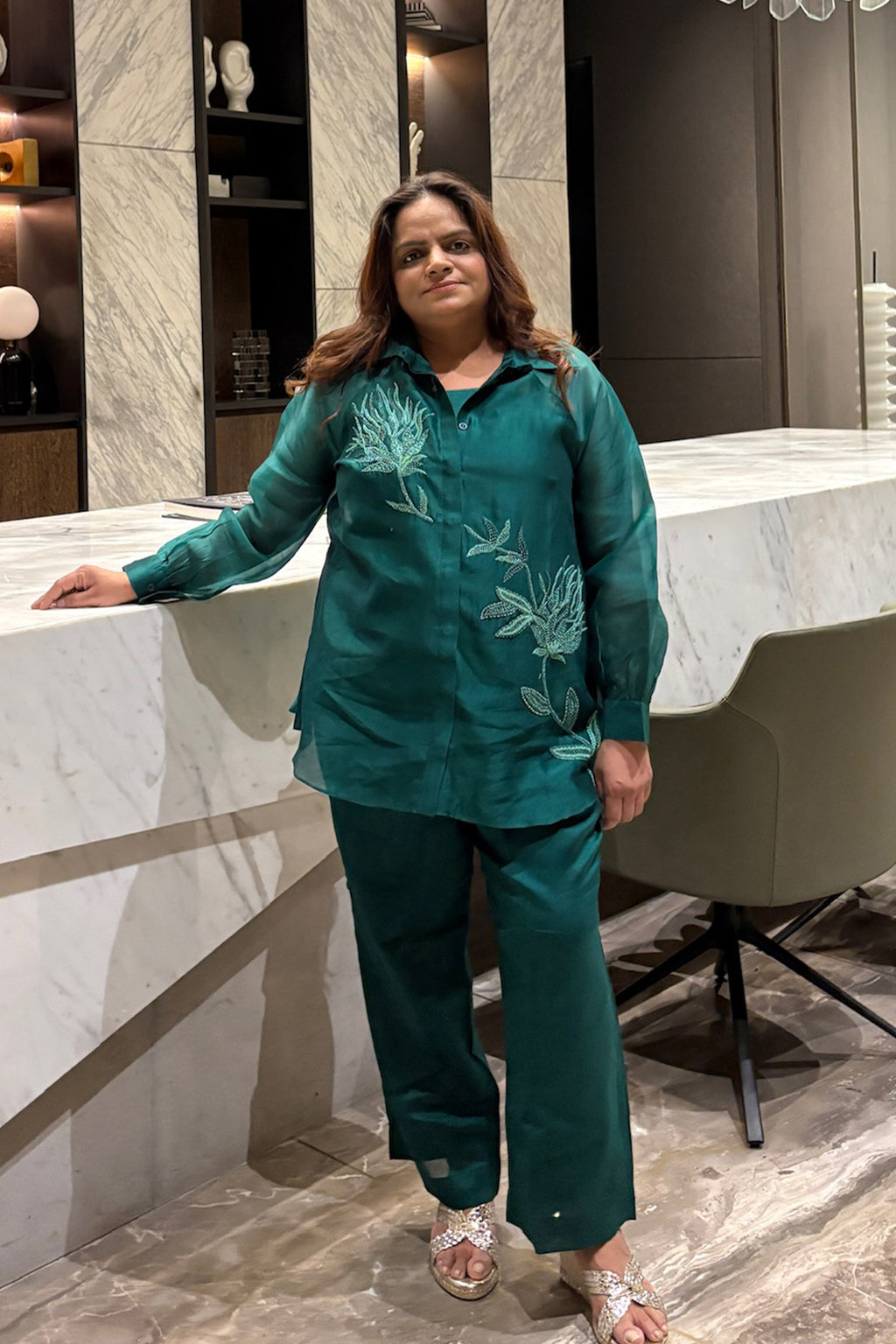 Teal Leaf Embroidered Organza Co-Ord Set