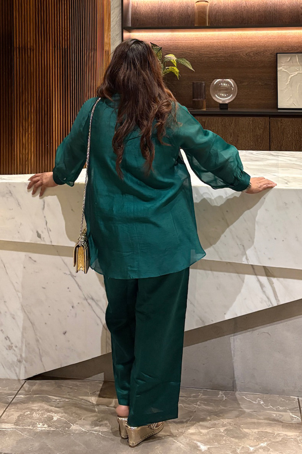 Teal Leaf Embroidered Organza Co-Ord Set