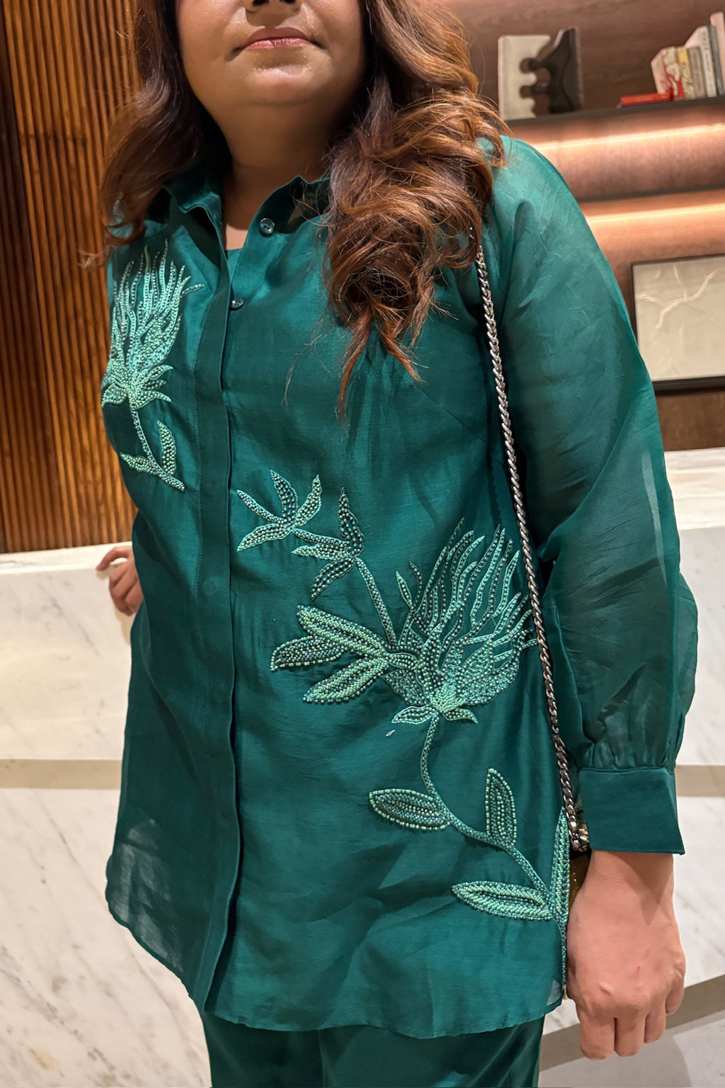 Teal Leaf Embroidered Organza Co-Ord Set