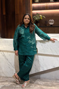 Teal Leaf Embroidered Organza Co-Ord Set