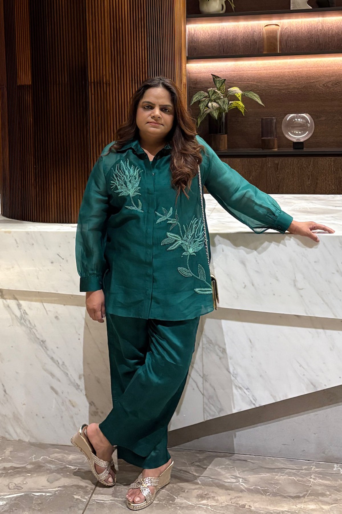 Teal Leaf Embroidered Organza Co-Ord Set